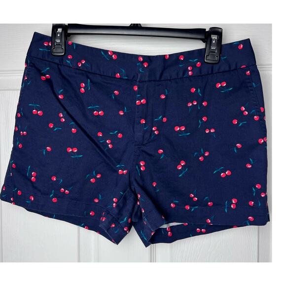 Cynthia Rowley Navy Blue Chino Shorts Cherry Print Size 6 Cotton Stretch - Picture 1 of 7